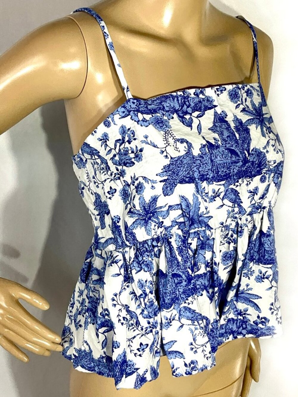 Pie in the Sky Sz L Peplum Ruffle Tank Top Toile Fabric Womens Smocked